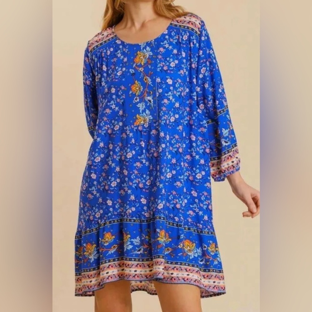 Umgee Blue Floral Relaxed Dress Size L